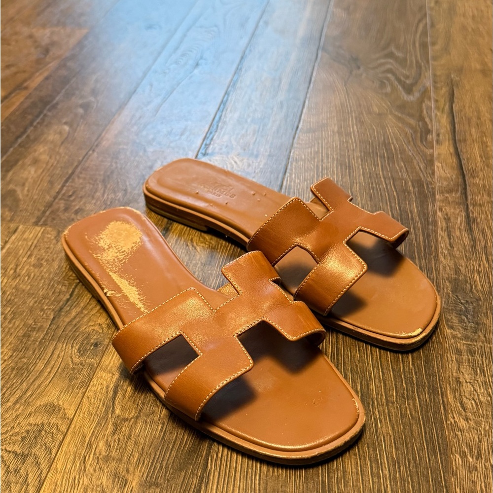 Hermes Tan Leather Slide Sandals